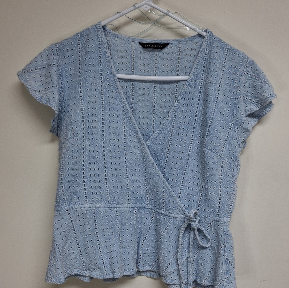 Style Envy Blue Flutter Sleeve Wrap Blouse S/M